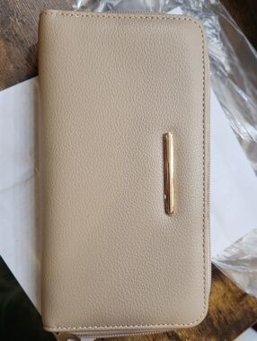 Beige Zip Wallet with Gold Accent